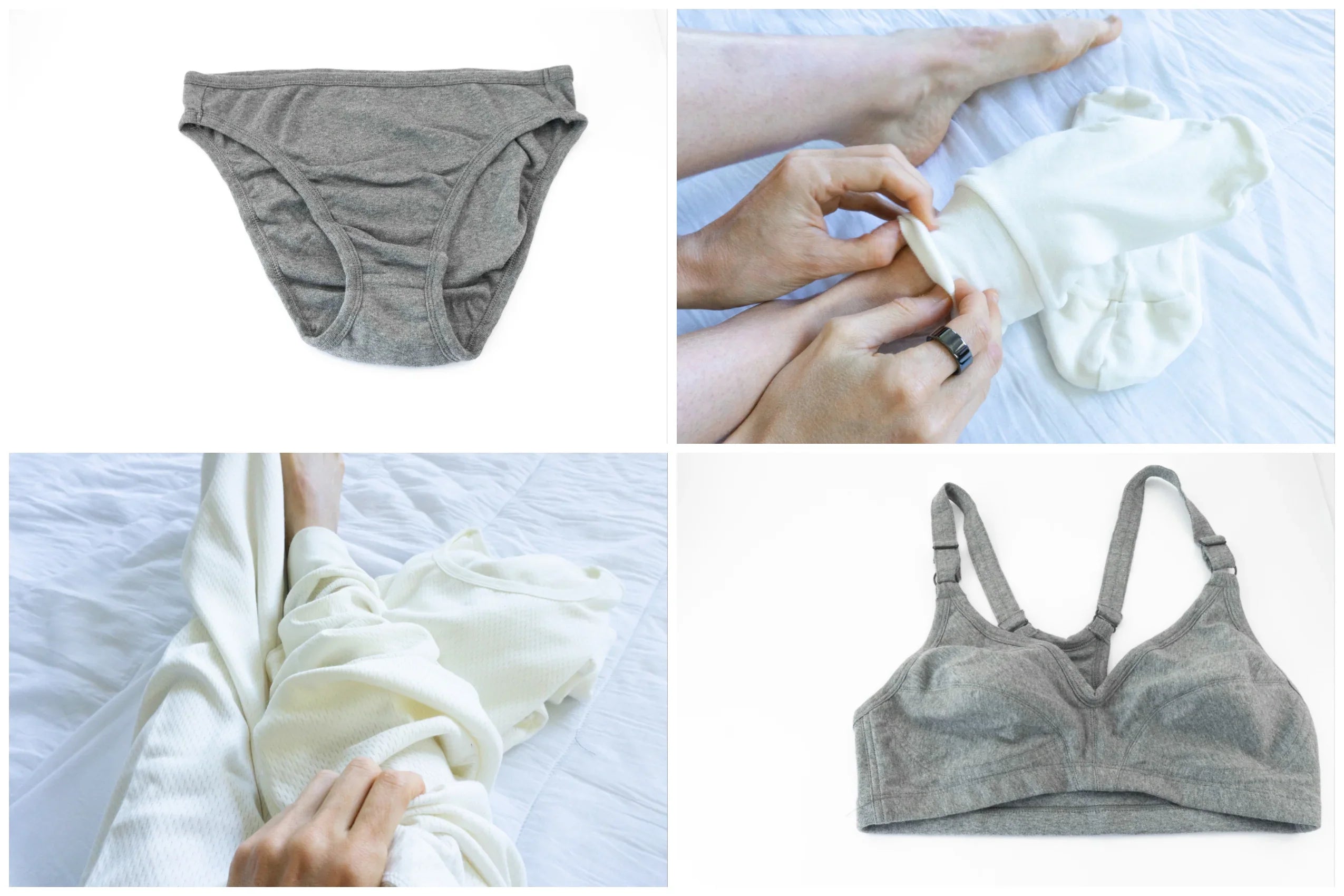Cottonique hypoallergenic underwear, bra, and sleepwear for sensitive skin on white bedding