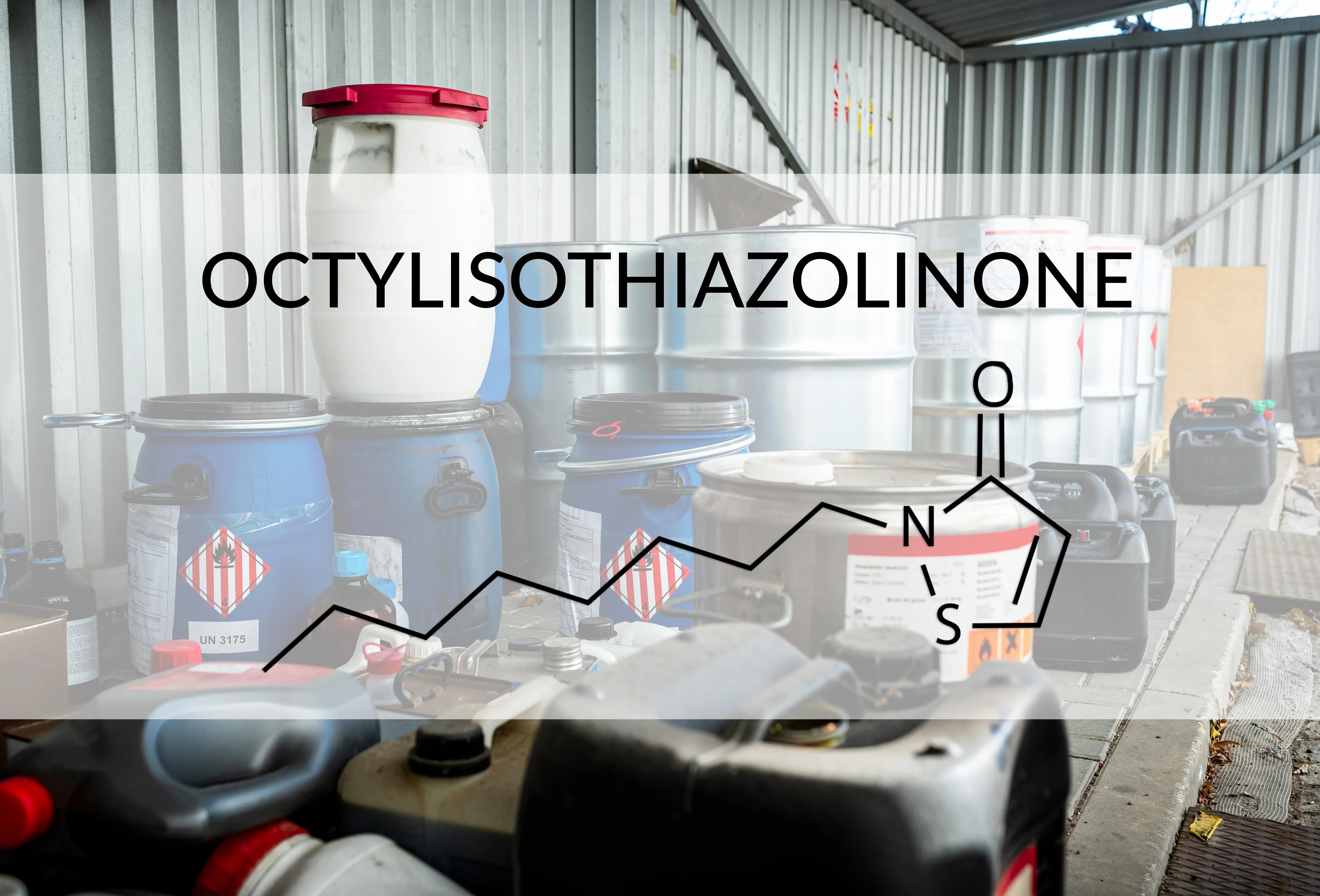 Chemical barrels and containers labeled octylisothiazolinone with molecular structure diagram