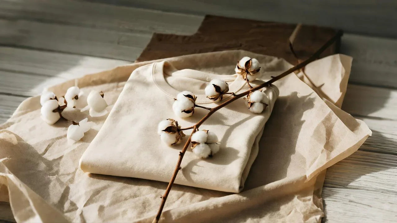 Folded organic cotton shirt with cotton branch, eco-friendly apparel for sensitive skin