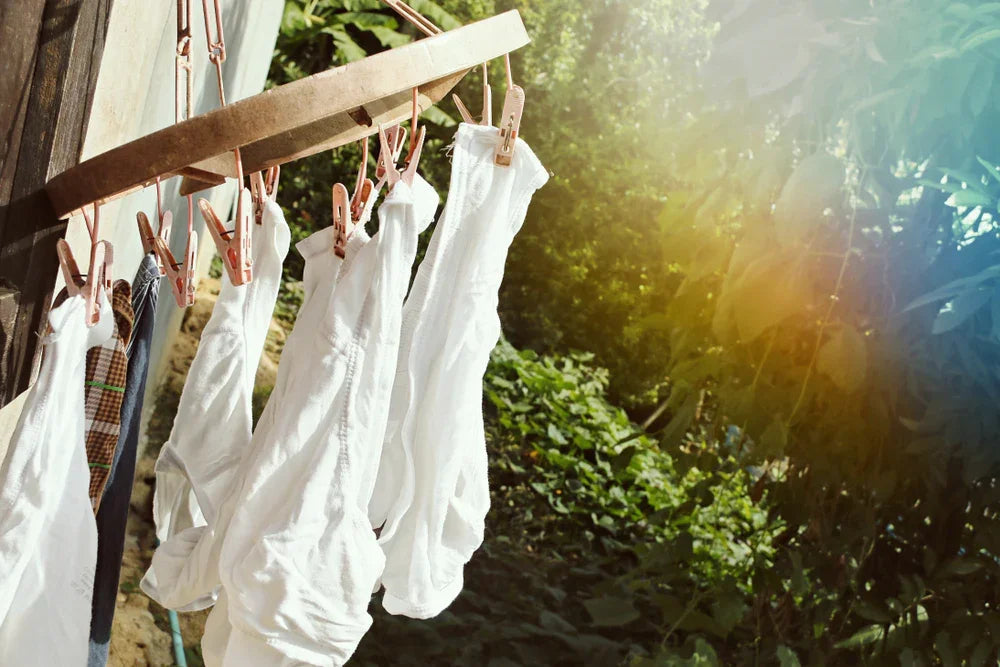 White allergy-free cotton underwear drying outdoors on a clothesline in sunlight, Cottonique