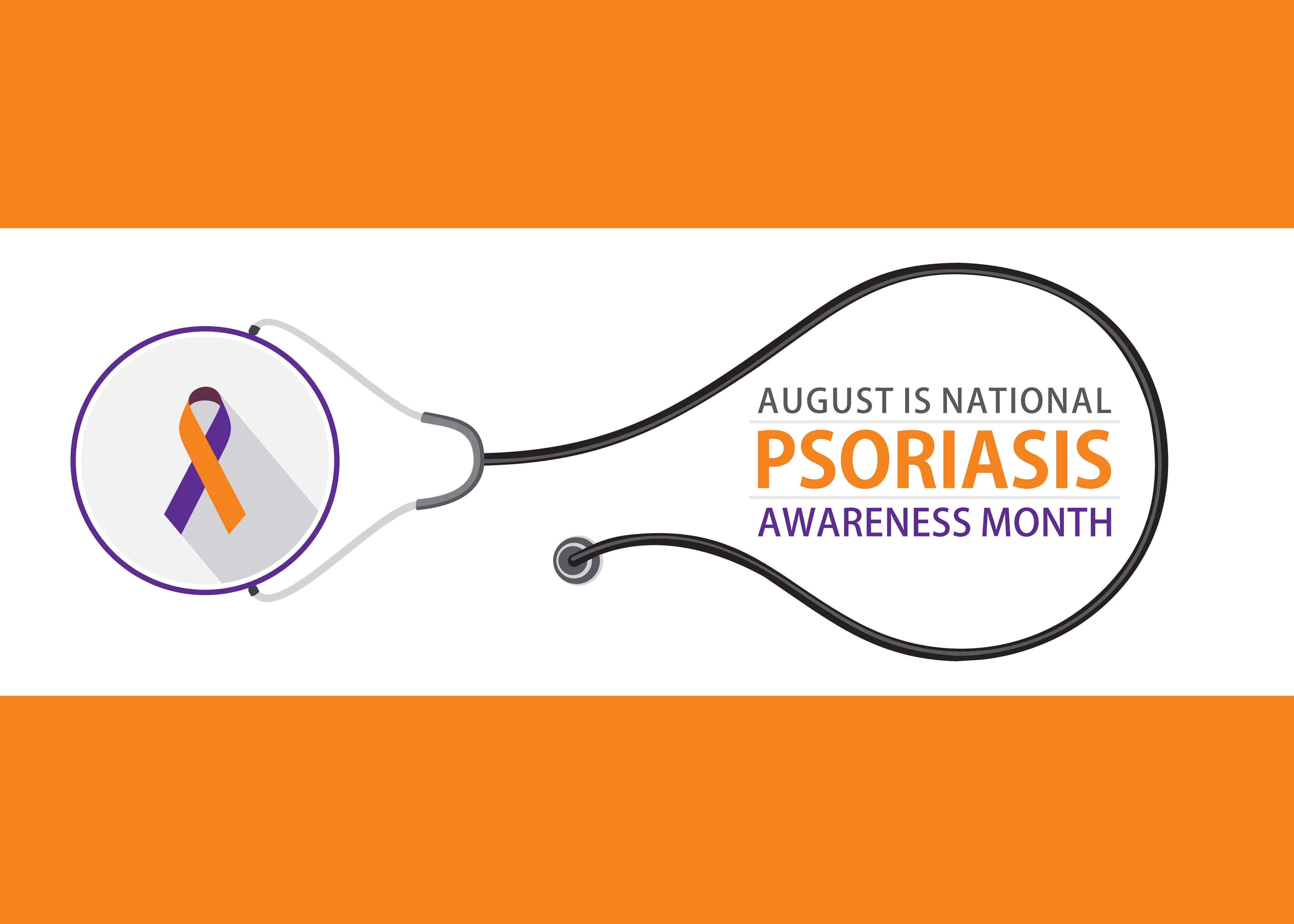 Stethoscope with orange and purple awareness ribbon and text for National Psoriasis Awareness Month