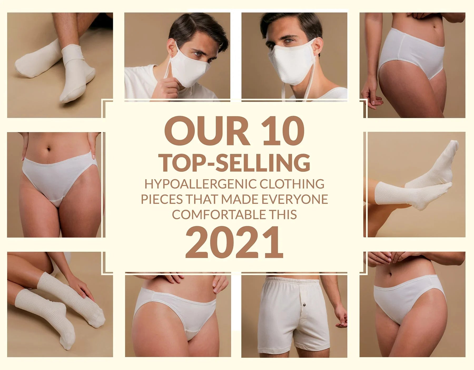 Collage of hypoallergenic organic cotton clothing including socks, underwear, and a face mask on models.