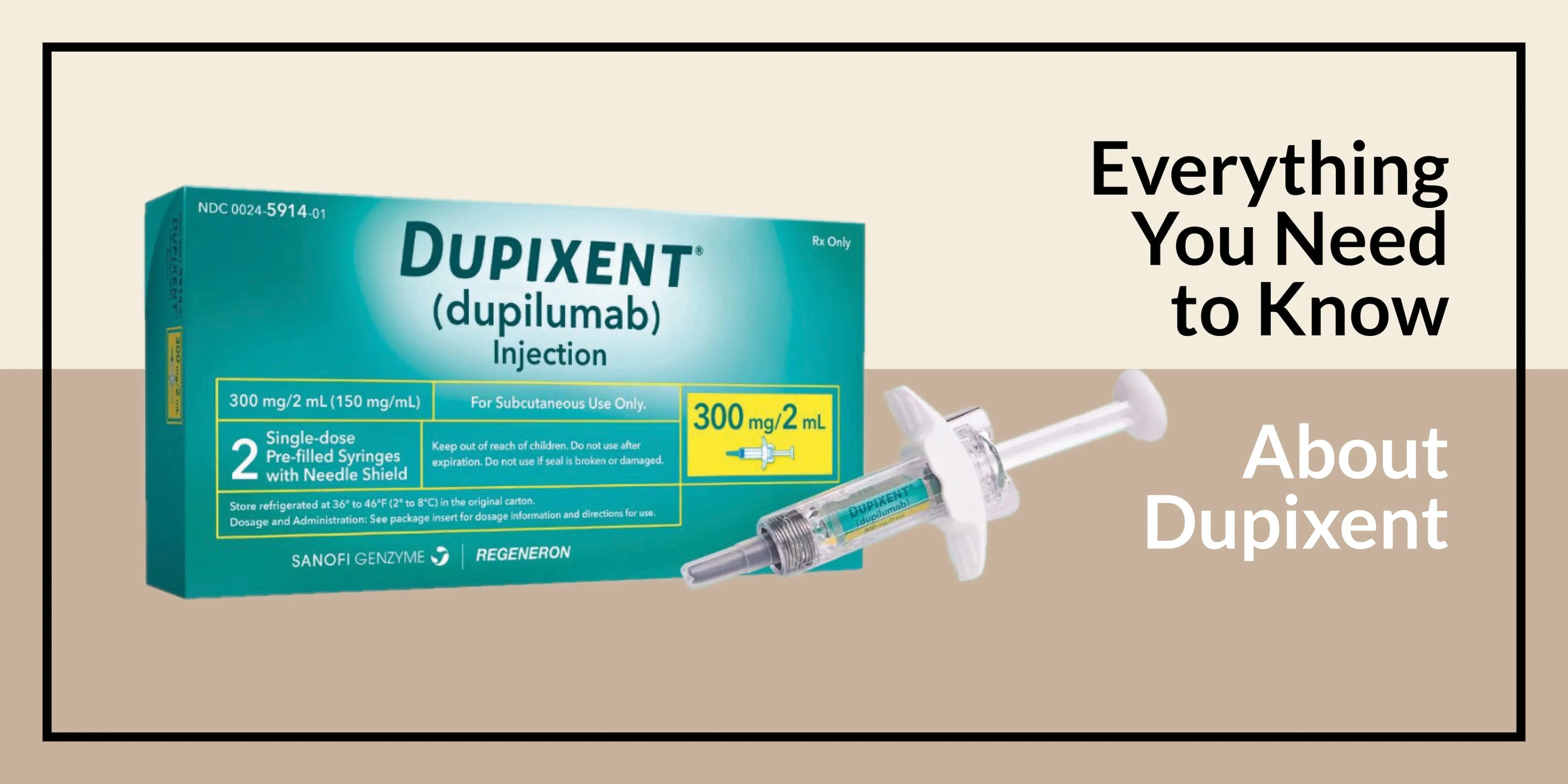 Dupixent injection box and pre-filled syringe with text about Dupixent information, allergy relief