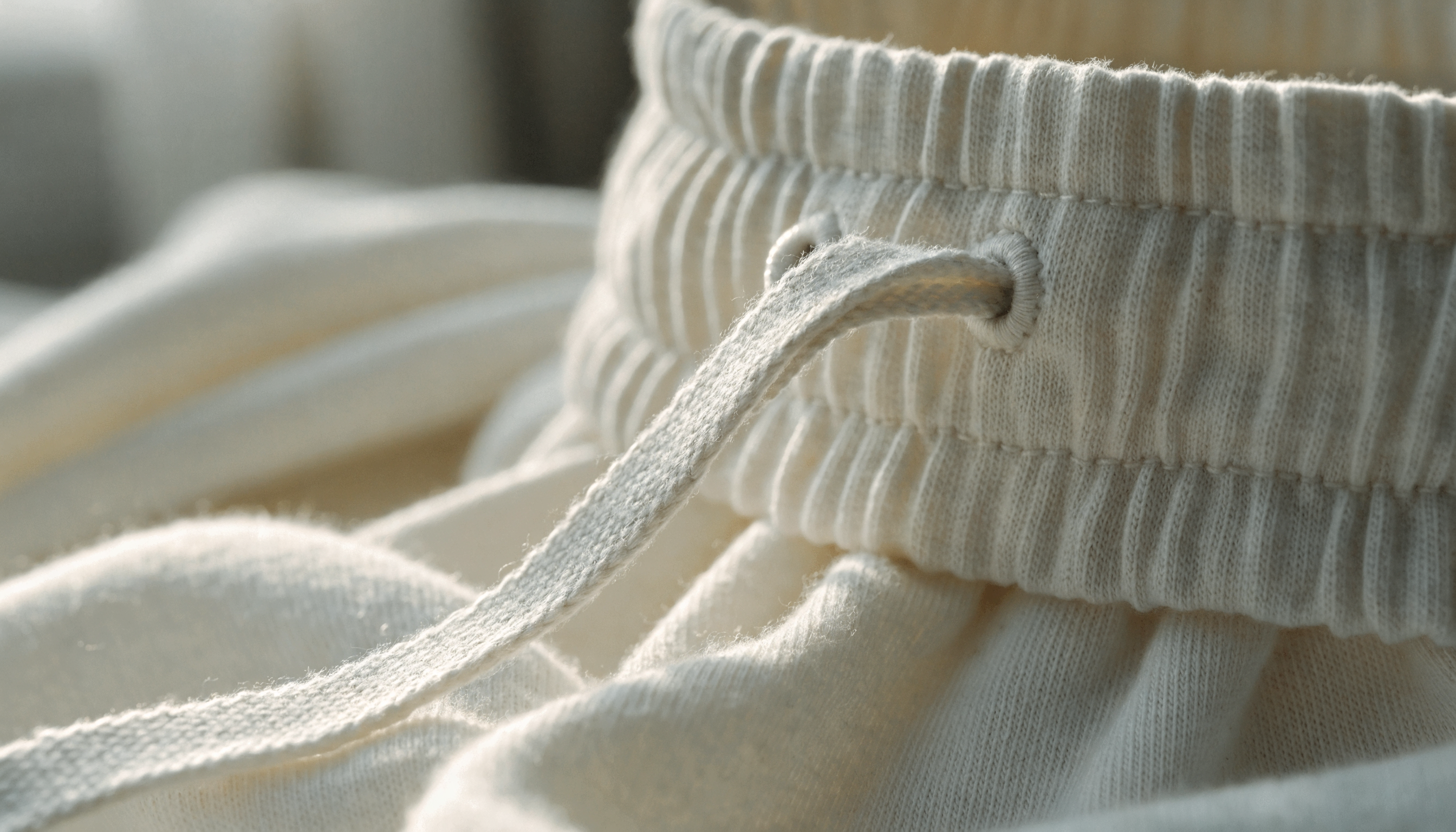 Macro detail of a soft ribbed cotton waistband with a woven cotton drawstring, resting on folded undyed cotton jersey
