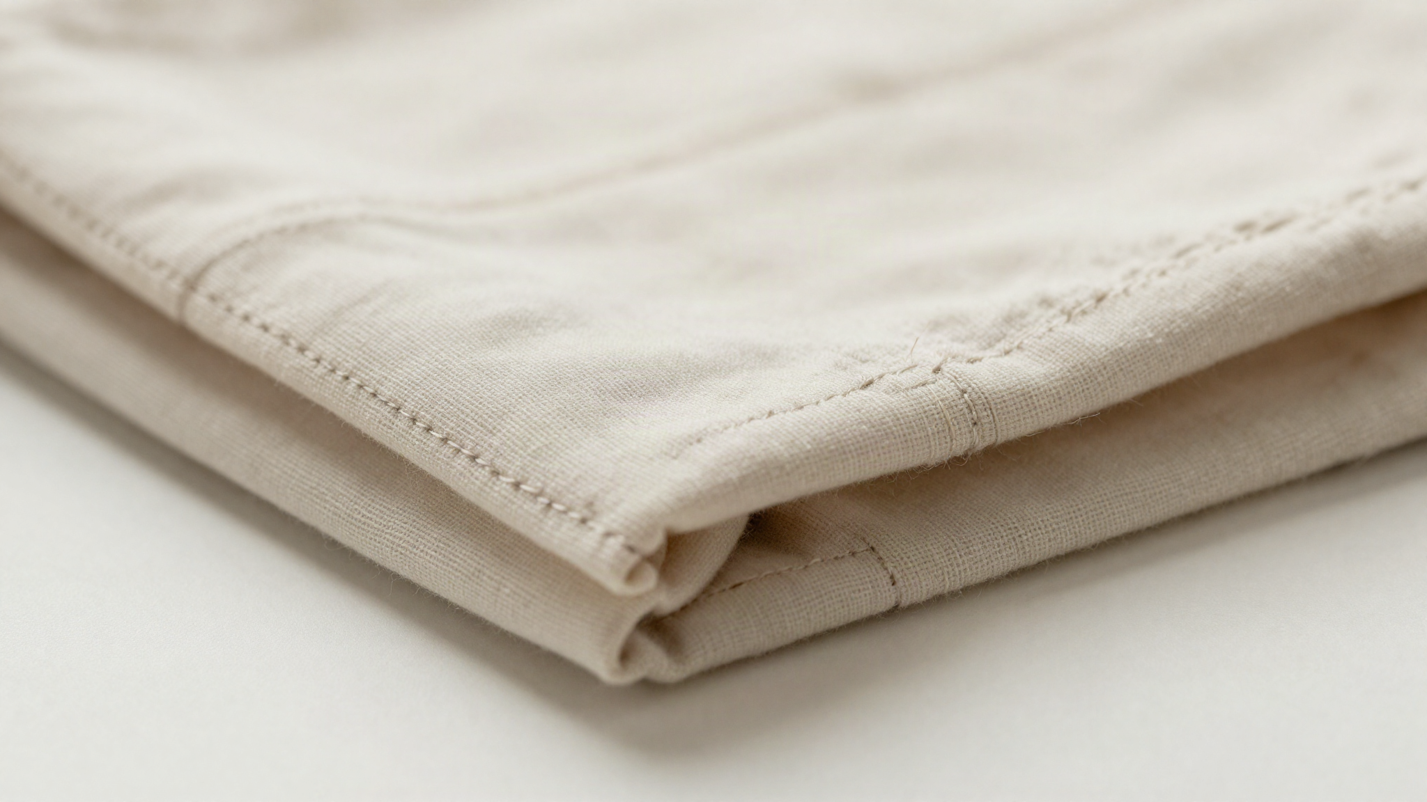 Macro detail of folded undyed cotton jersey fabric with visible cotton seam stitching