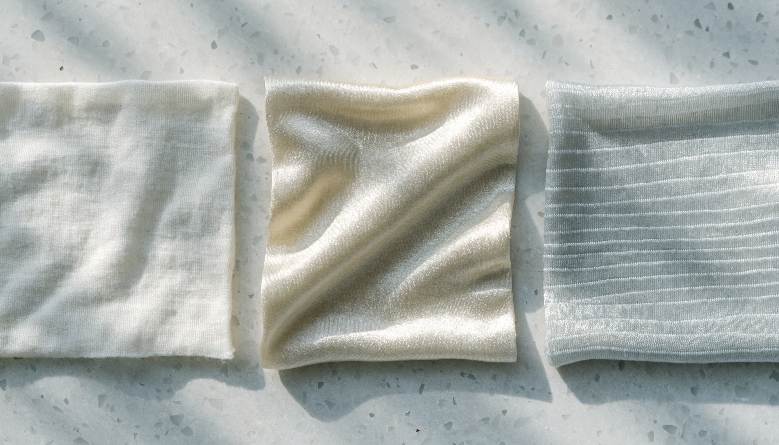Three fabric swatches side by side — matte undyed cotton jersey, smooth pale viscose, and fine synthetic knit