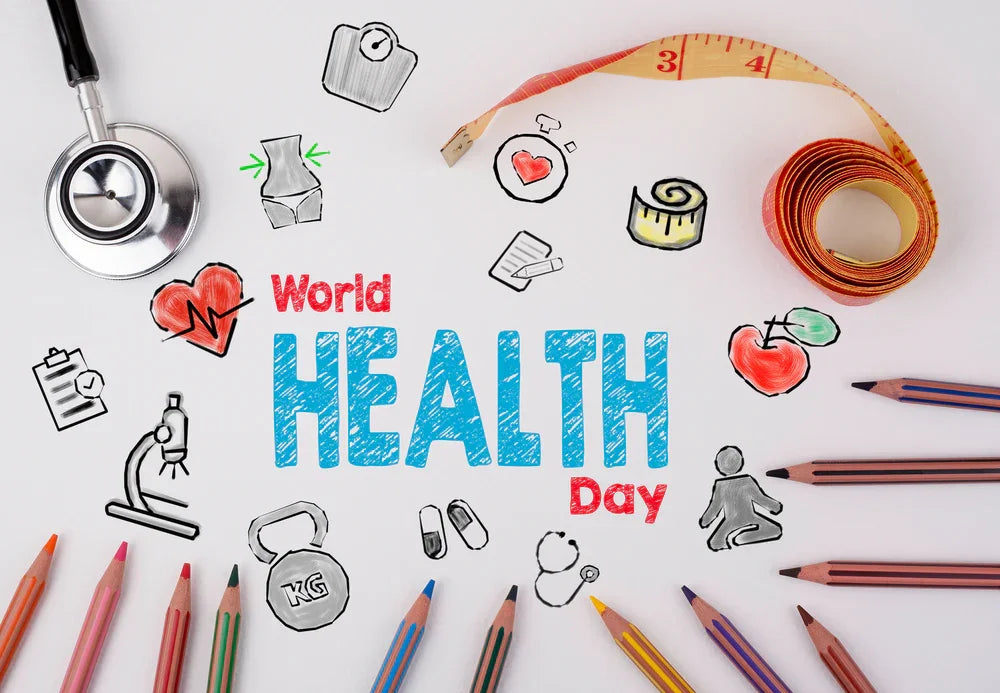World Health Day text with medical icons, a stethoscope, tape measure, colored pencils.