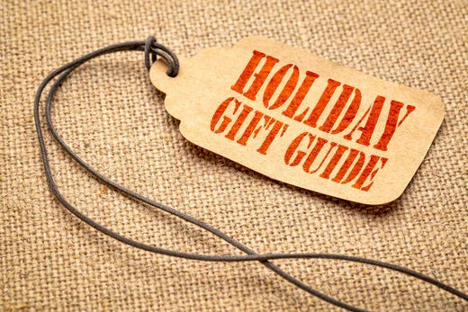 Holiday gift guide tag on burlap fabric, allergy-free apparel shopping theme