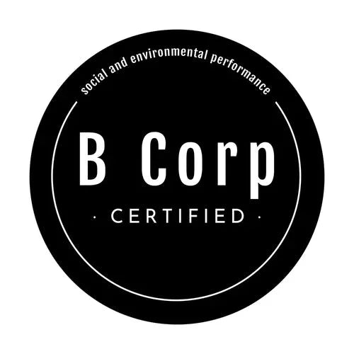 B Corp Certified black circular badge for social and environmental performance