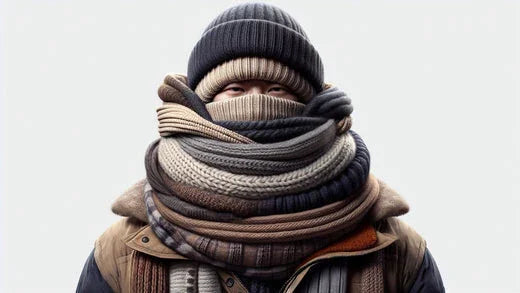 Person bundled in multiple scarves and a knit beanie, showcasing winter allergy-free apparel.