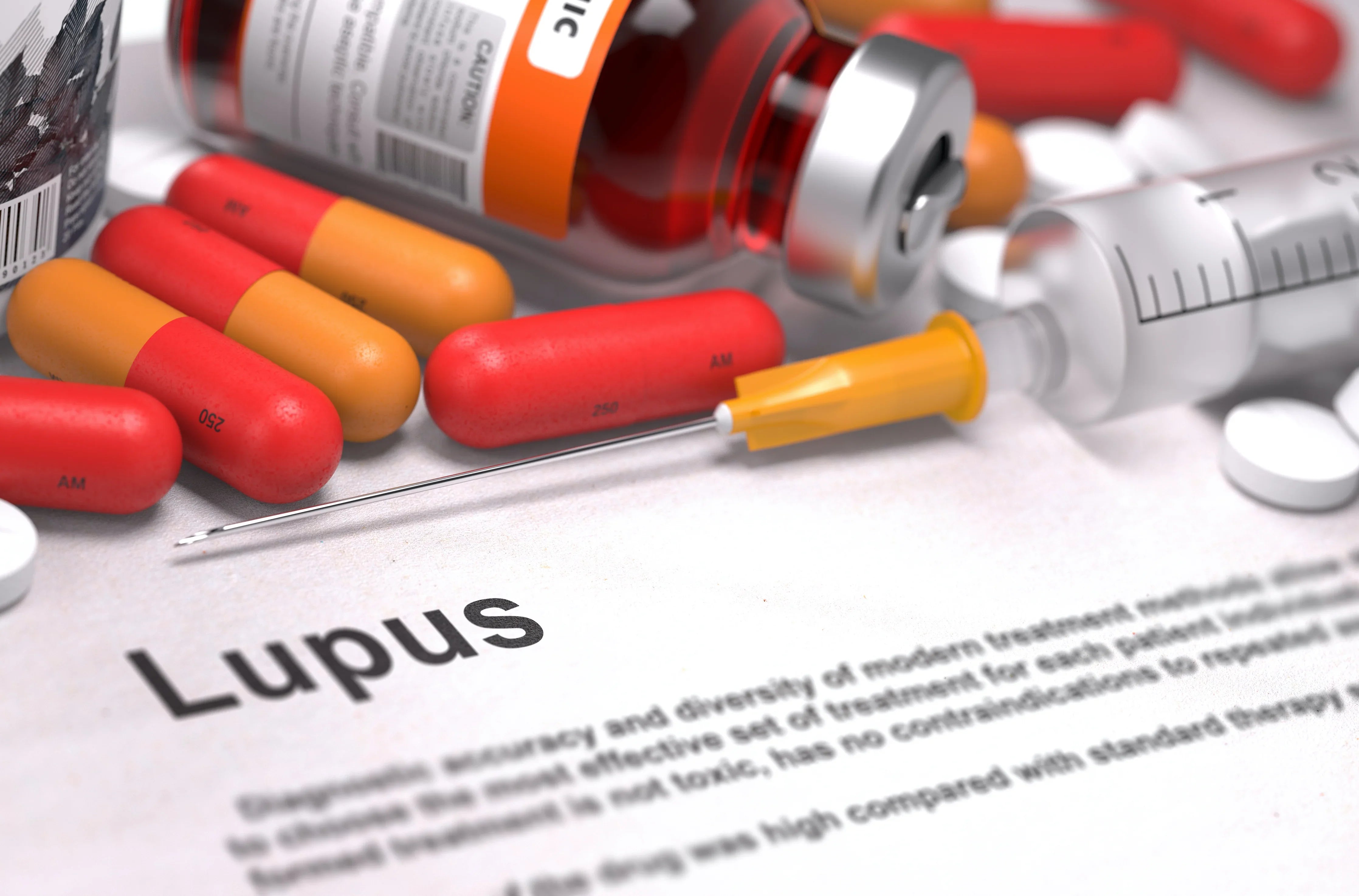 Lupus text with pills, syringe, and medication bottle, autoimmune disease treatment concept