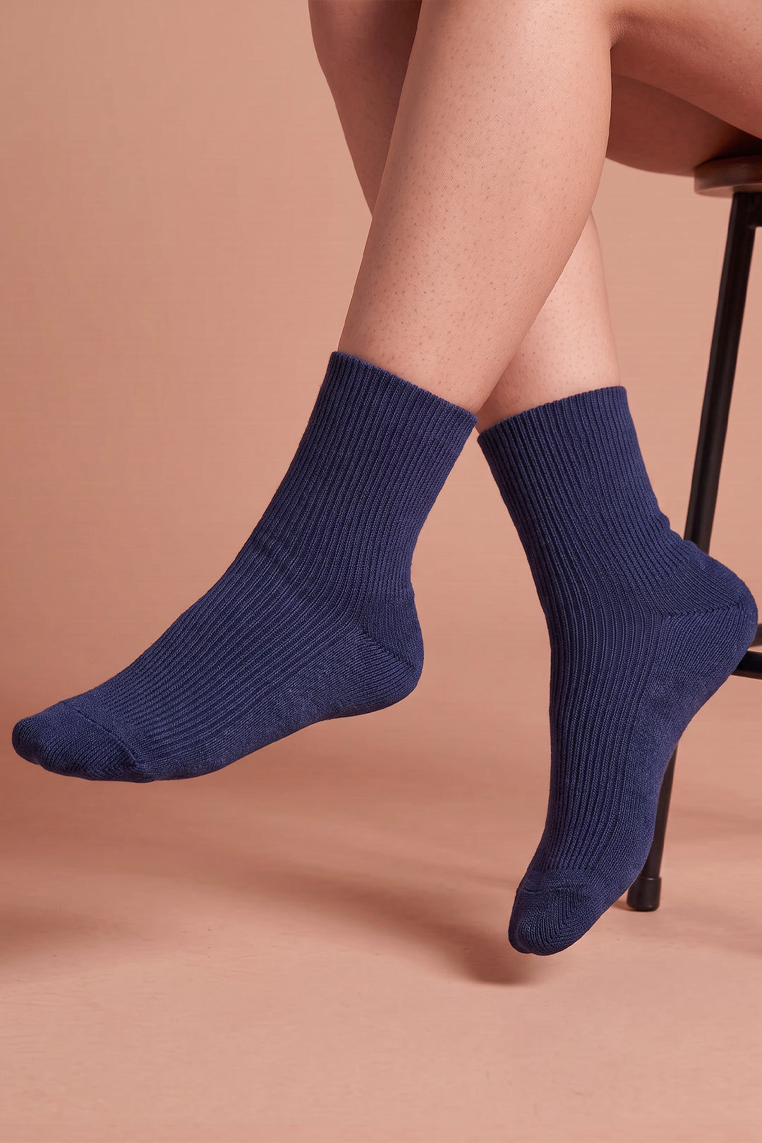 Person wearing navy blue Elastic-Free 100% Organic Cotton Quarter Socks by Cottonique: Allergy-Free Apparel