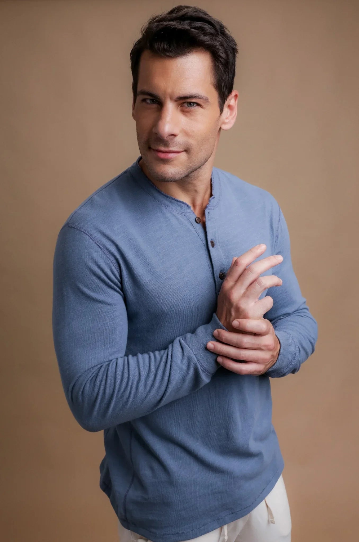men's dress henley shirts Hisdern Men's Navy Blue Henley Long Sleeve Shirt Casual Button-Up Style L